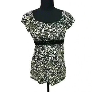 JKLA California Womens Med Black Green Blouse Short Sleeve Lace Stretch